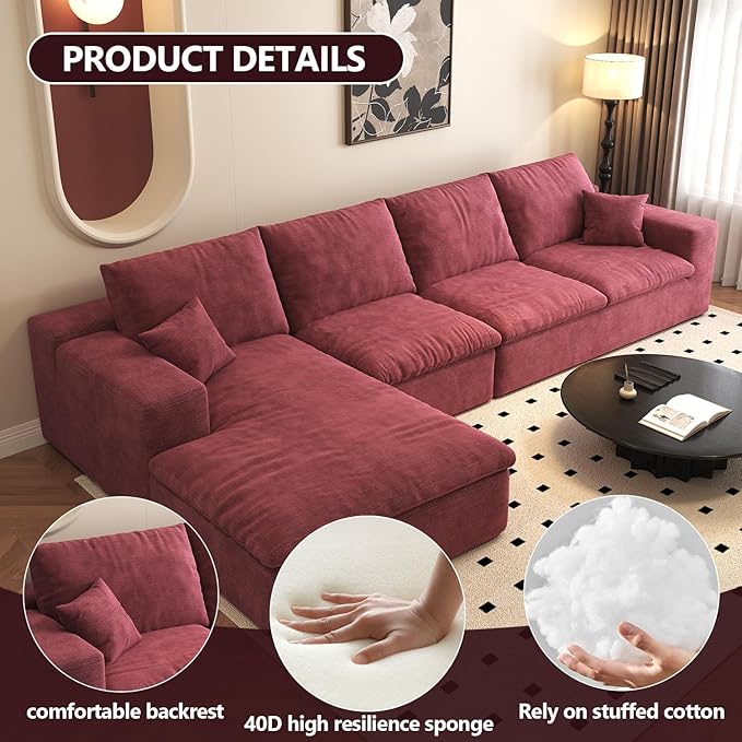 136.6'' L-Shaped Modern Modular Sectional Cloud Couch 4-Seat Chenille Deep-Seat Sofa with Pillow for Living Room Bedroom Apartment Wine Red