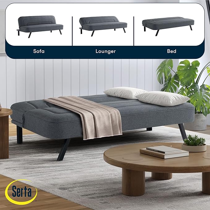 Serta Fairwood 66.1 Convertible Futon Sofa Short Twin Size Modern Boho Dream Coil Comfort Fingerguard Pinch Point Protection Soft Woven Polyester Fabric Charcoal