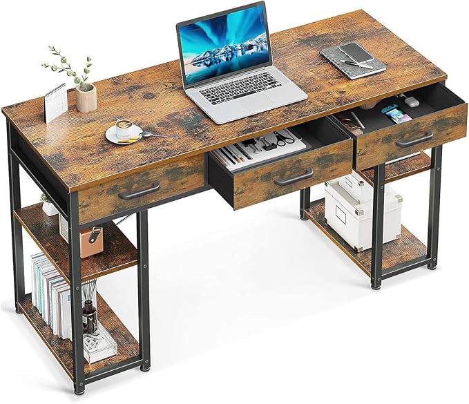 ODK Office Small Computer Desk: Home Table with Fabric Drawers &amp Storage Shelves Modern Writing Desk Vintage 48x16