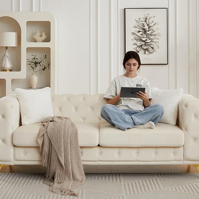 82.5'' Velvet Chesterfield Sofa Button Tufted Upholstered Sofa Couches with 2 Pillows Golden Metal Feets Removable Thick Cushions Comfy Chesterfield Couches for Living Room Apartment Beige