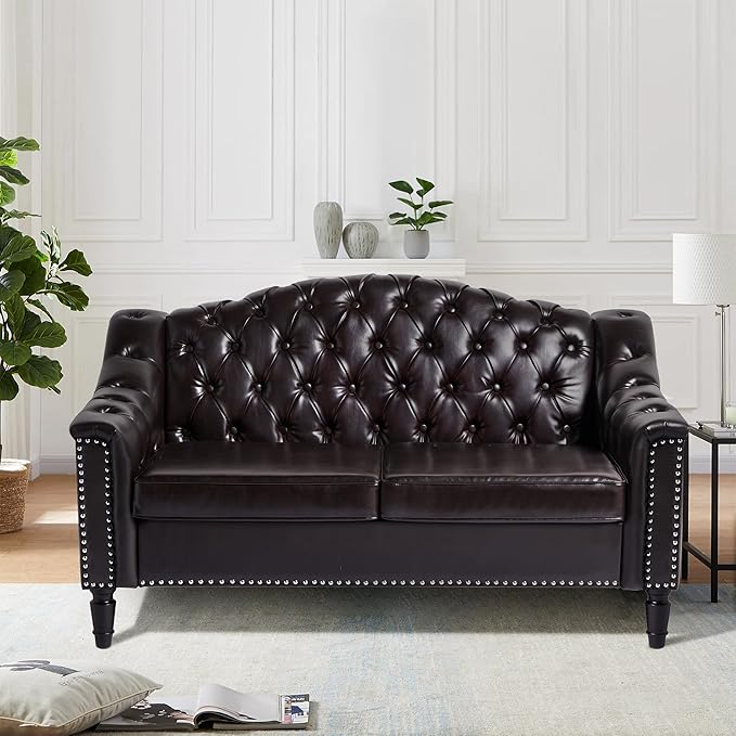 AVZEAR Chesterfield Loveseat Sofa Mid-Century Modern Upholstered PU Sofa 2 Seater Couch with Nailhead Trim and Button Tufted for Living Room Office Bedroom Brown