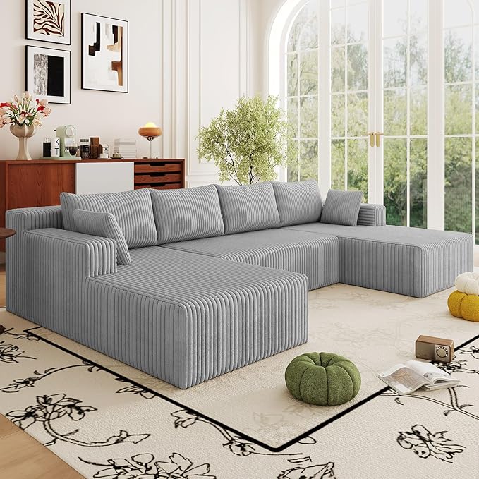 124 Cloud Sectional CouchModern U-Shaped Boneless Couch with Deep SeatComfy Corduroy 4-Seater SofaMemory Foam Sofa for Living RoomNo Assembly Required (Light Grey)