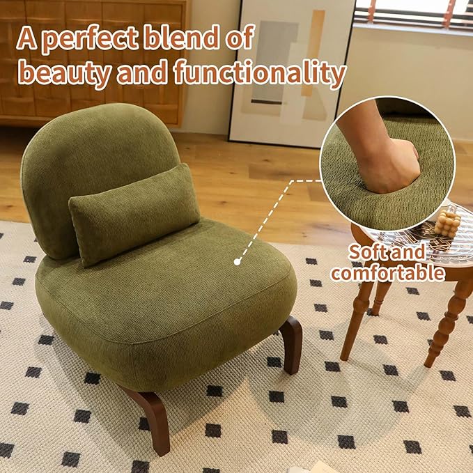 Upholstered Armless Accent Chair for Living Room Modern Comfy Living Room Chairs with Wooden Legs &amp Pillows Lounge Sofa Side Chair for Bedroom Reading (Olive Green 1)