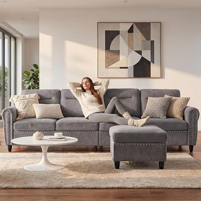 ABET 106 Inch Modular L-Shaped Sectional Couch with Ottoman 4 Deep Seat Convertible Sofa with Ottoman Nailhead Decor Comfy Upholstered Large Cushion for Living Room Bedroom Apartment Grey