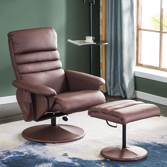 MCombo Recliner Chair with Ottoman Swivel Living Room Chairs Faux Leather Reclining Chair with Massage 7902 (Light Brown)