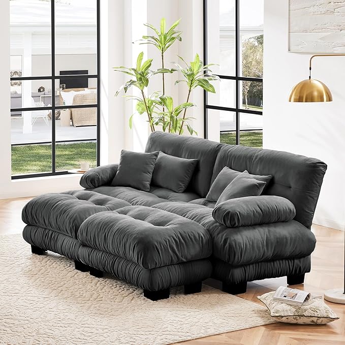 Cloud Couch Modular Sectional Sofa Loveseat U Shaped Couch with Ottoman Sectional Couches for Living Room Oversized Deep Seat Sofa with Round Bolster Armrests 4 Pillows Gray