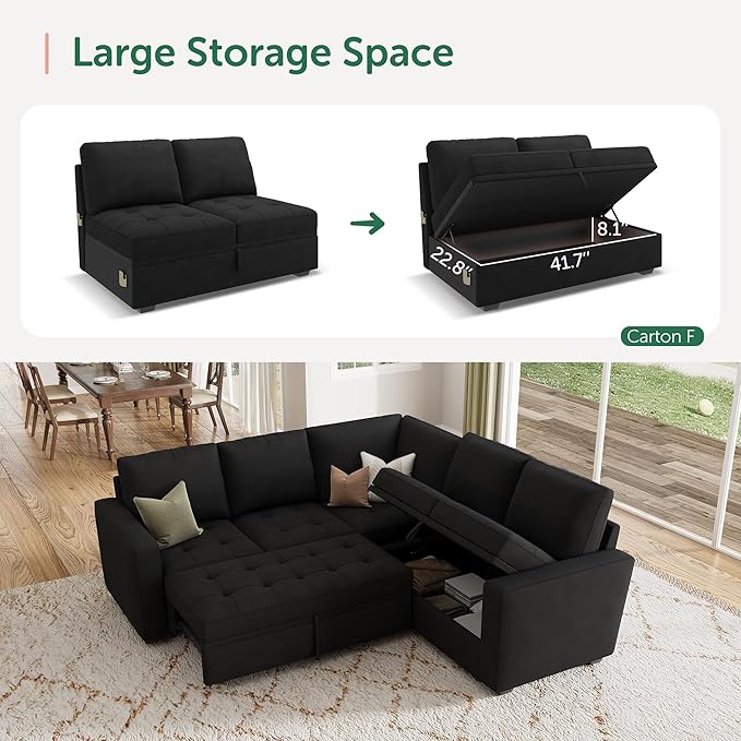 HONBAY Modular Sectional Sleeper Sofa with Pull Out Bed Velvet Convertible L Shaped Couch with Storage Seat Sectional Couches for Living Room Black