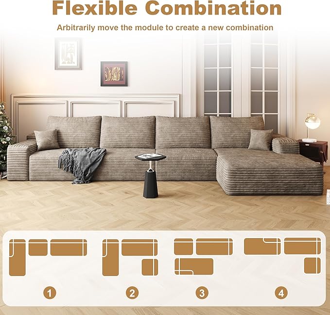 136 Sectional Couches for Living Room Modern Modular Sofa with L-Shape Couchs Upholstered Boneless Couch Deep Seat Sectional Couch with Chaise (Camel Right Facing Chaise+3Seaters)