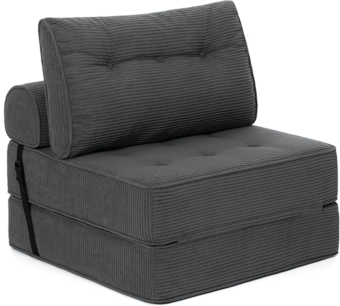 HOMMPA Folding Sofa Bed Convertible Sleeper Chair with Pillow Foldable Mattress with Back Support Portable Fold Out Sleeper Sofa Bed Floor Lounge Sofa for Living Room Home Office Single Size Dark Gray