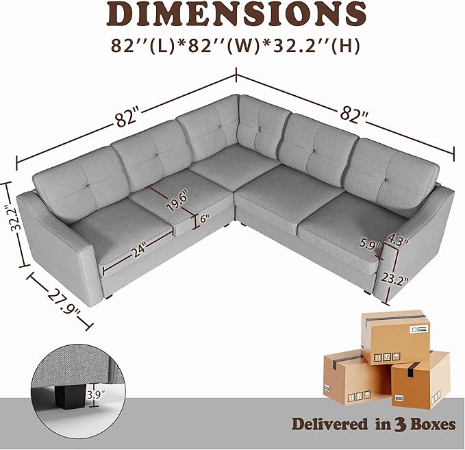 Convertible Sectional Sofa L Shaped Couch 5-Seat Sofas for Living Room Small Apartment Reversible Sectional Couch Light Grey
