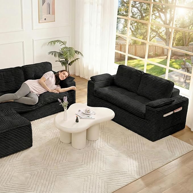 Boneless Loveseat Sofa 60in Cloud Couch Sofa for Living Room 2 Seater Modern Lounge Sleeper Couch with Removable Cover Corduroy with Armrest Seat Cushion &amp Pillows for Small Spaces Black