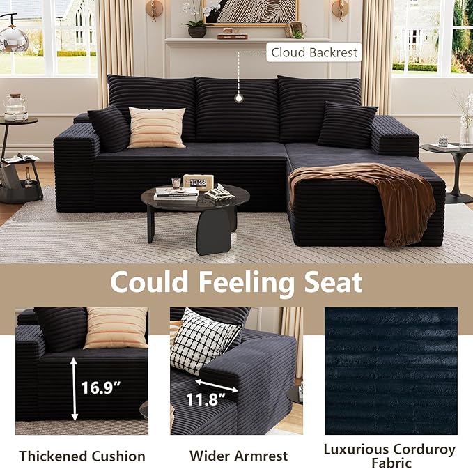 107 Cloud Sectional Couch with L-Shape Chaise Modern Modular Sofa with Deep Seat Corduroy Upholstered Couches for Living Room BedroomNo Assembly Required(Black Right Facing)
