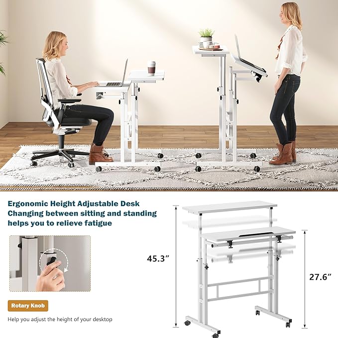 soges Mobile Standing Desk Adjustable Height Roling Sit-Stand Desk Small Standing Computer Desk Workstation on Wheels Sit Stand Up Desk for Home Office White