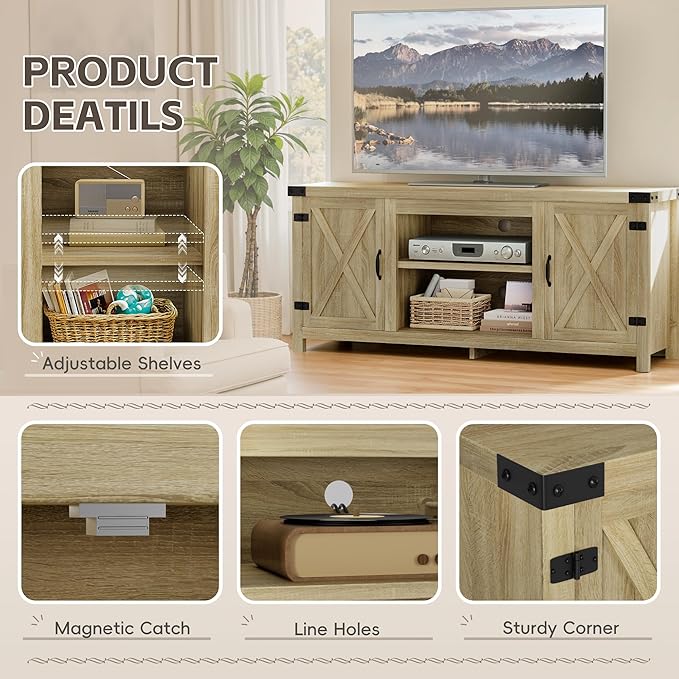 YESHOMY Modern Farmhouse TV Stand with Two Barn Doors and Storage Cabinets for Televisions up to 65+ InchEntertainment Center Console TableMedia Furniture for Living RoomYellow Oak
