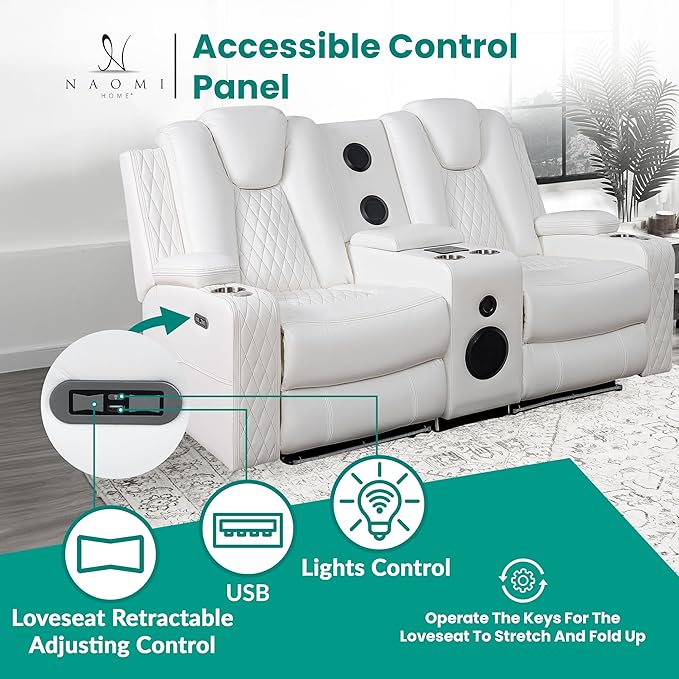 Naomi Home Chicago Deluxe Theater Style Motion Loveseat with LED Lights White/Air Leather