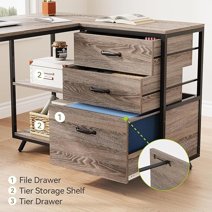 LITTLE TREE L-Shaped Desk with 3-Tier Drawer Cabinet 53 Reversible Corner Desk with Wooden Storage Shelves Farmhouse Computer Desk for Home Office Modern Writing Workstation for Bedroom Grey