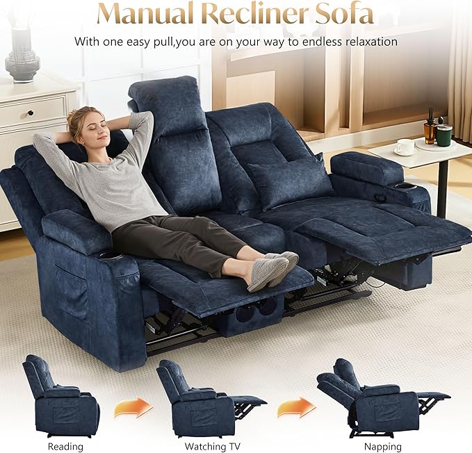 Houjud Manual Reclining Loveseat Sofa with Console Recliner Sofa RV Couch with Bluetooth Speakers USB Charging AC Outlets and Pillow for Home Theater Velvet Blue