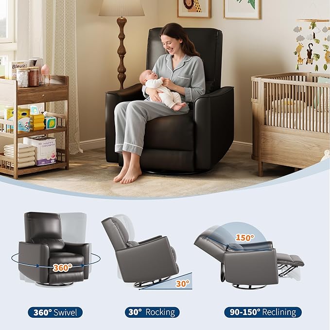 GarveeHome Recliner Chair 360° Swivel Rocker Glider Nursery Chair with Padded Armrest and Deep Seat PU Leather Upholstered Reclining Sofa Chair for Living Room Bedroom and Nursery (Charcoal)