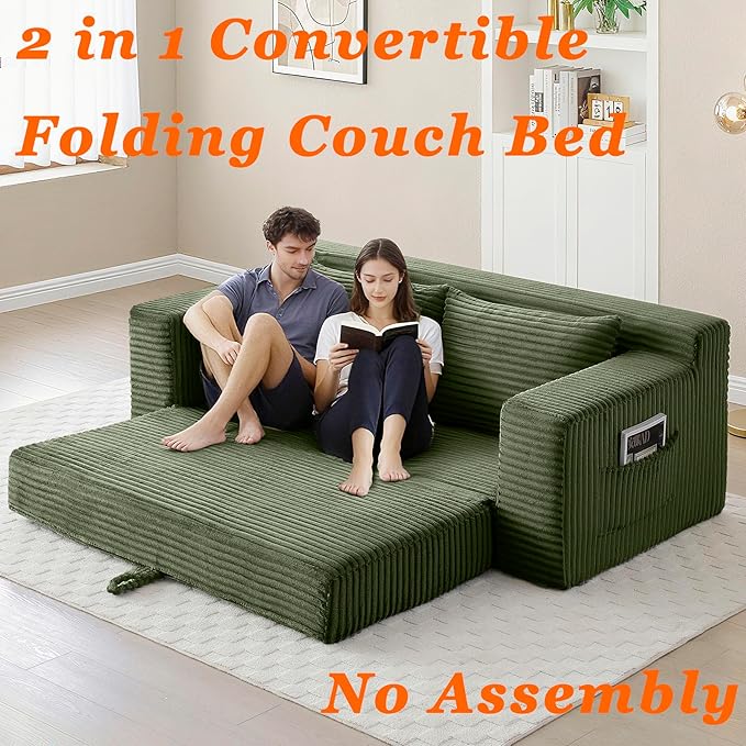 73 Cloud Loveseat Sofa Bed Green - Boneless 2-Seater Couch No Assembly Convertible Folding 2-in-1 Design Small Space Corduroy Memory Foam Floor Lounge Couch for Bedroom Living Room (Green)