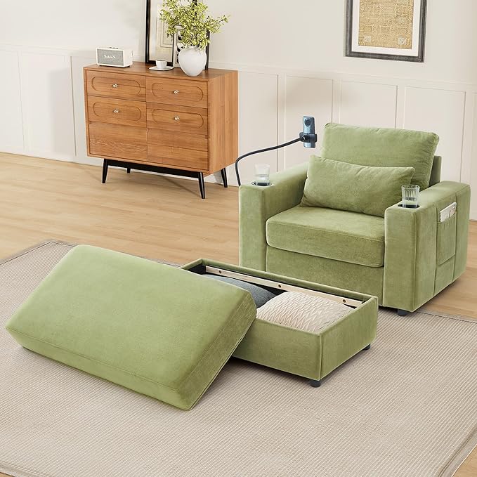 Eafurn 42.5 Oversized Accent Chair with Storage Ottoman Convertible Chaise Lounge Chenille Upholstered Cloud Sofa Chair w/Cupholders and USB Ports Modern Extra Wide Armchair