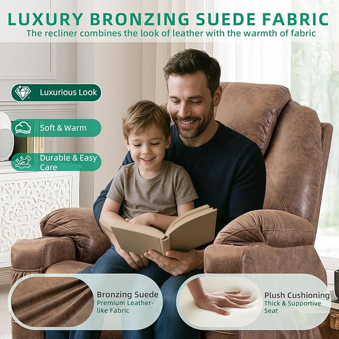VIVIJASON Manual Massage Rocker Recliner Chair 360° Swivel Glider Lounge Chair with Heat Ergonomic Home Theater Recliner Sofa with 2 Cup Holders Side Pockets &amp USB Ports for Living Room Brown