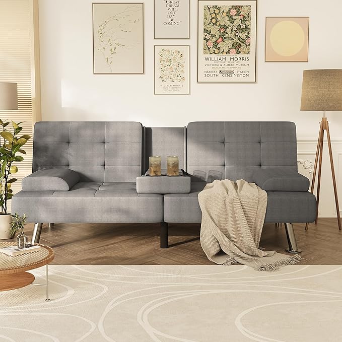 Homall Futon Sofa Bed Futon Couch with Removable Armrests Adjustable Recliner Sleeper Sofa Bed with Dual Cup Holders for Living Room Apartment Office (Fabric Light Grey)