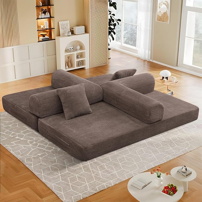78 Convertible Sleeper Sofa Bed with Cylindrical Pillow Corduroy Folding Mattress Couch with Fixed Frame Floor Sofa Lounge Couch for Living Room Bedroom Apartment Brown