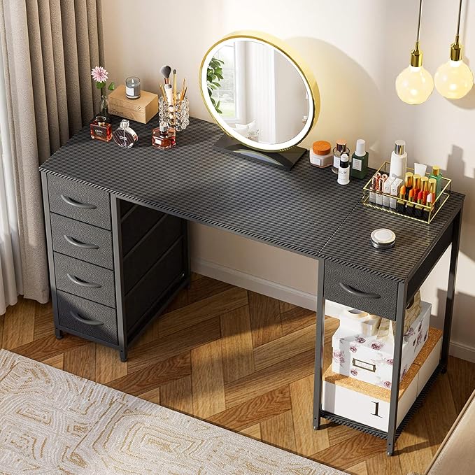 LUCKRACER Vanity Desk with 5 Fabric Drawers &amp Storage Shelves Makeup Dressing Table Computer Desks for Home Office Bedroom Black No Mirror
