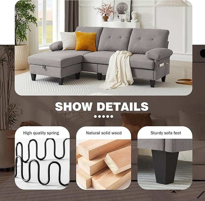 84 Convertible Sectional Sofa Modern Linen Fabric Small L Shaped Couch with Reversible Chaise 3-Seat Sofa Couches for Living Room Apartment and Small SpaceLight Grey