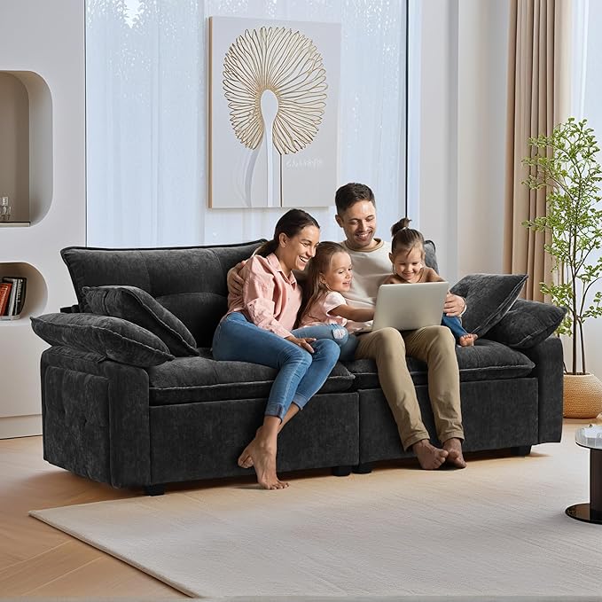 Modular Loveseat Sofa with Ottoman 81.5'' Deep Seat 2-Seater Chenille Couch Comfy L Shaped Convertible Small Sofa for Apartment Living Room Office Soft FabricLoveseat Sofa (Charcoal)