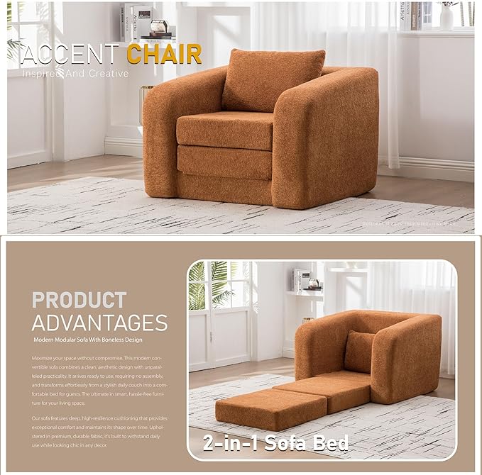 Orange Folding Sofa Bed Single - 40 Convertible Chenille Cloud Sleeper Lounge Chair with Floor Mattress &amp Pillow No Assembly Boneless Fold Out Couch for Bedroom Living Room Dorm (Orange 40 W)