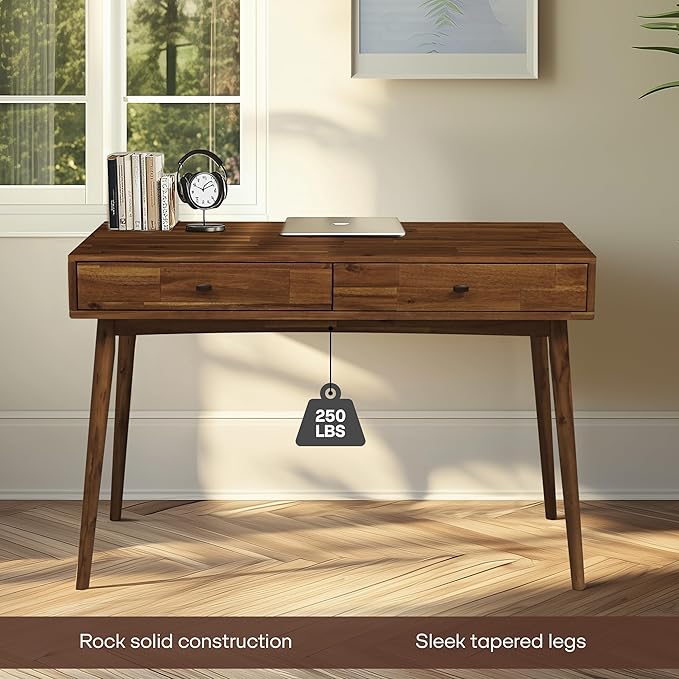 Acacia Lagom 48 Solid Wood Work Desk with Drawers Home Office Desk Office Furniture Work Table for Home Office Scandinavian Style Wood Work Desk for Home Office Walnut