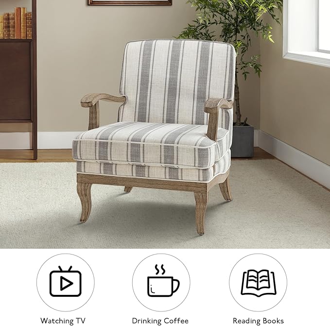 HULALA HOME Mid-Century Modern Chair Set of 2 Upholstered Accent Chair with Graceful Curves and Wooden Legs Comfy Lounge Armchair Striped Accent Chairs for Living Room Bedroom (Grey)