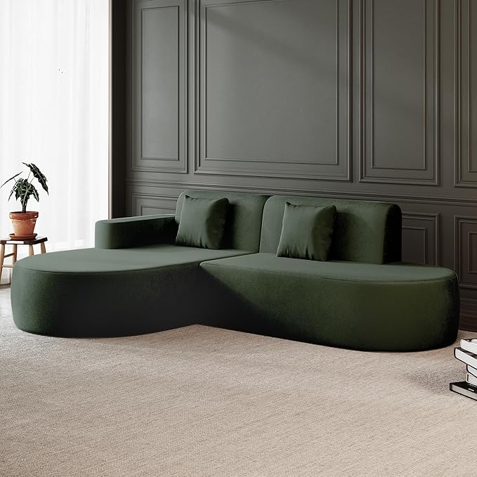 MELLCOM Modern Curved Boneless Sofa Couch L-Shaped Corner Sofa No Assembly Needed Chenille Upholstered Cloud Sectional Couch for Living Room Bedroom and Apartment (Green Left Hand Facing)