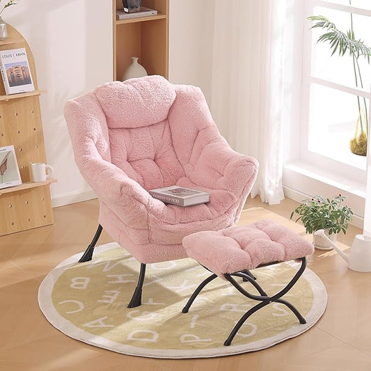 Lazy Chair with Ottoman Modern Accent Chair with Armrests and a Side Pocket Plush Pink Accent Chairs Reading Chairs Oversized Armchairs for Bedroom Study Living Room Courtyard