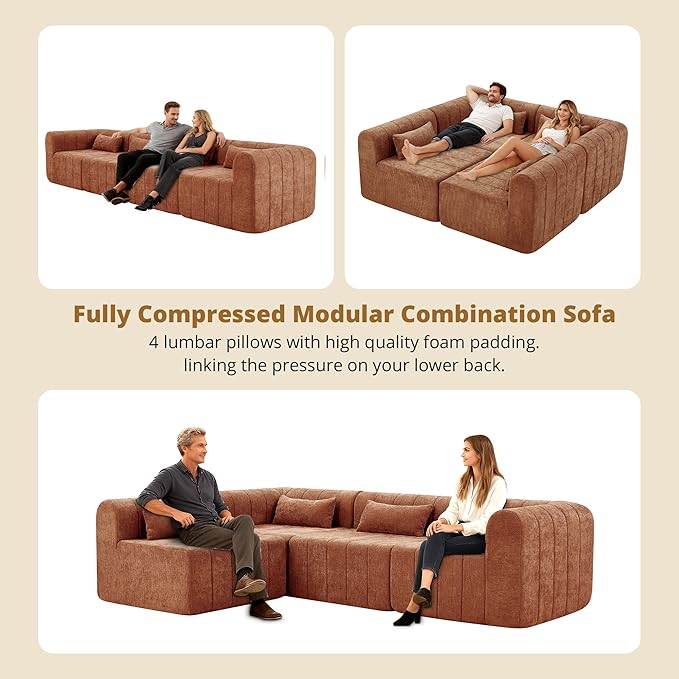 Merax 145.5 Inch Modular Full-Compressed Sectional Sofa Polyester Upholstered Modular Sofa with 4 Pieces Compressed Sponge Modular Couch for Living Room No Assembly Required Orange