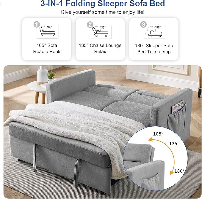 Loveseat Sleeper Sofa Bed Pull Out Couch Comfortable Chenille Fabric Adjustable Backrest Resilient Sponge Cushions Sturdy Wood Frame Side Storage Pockets Grey