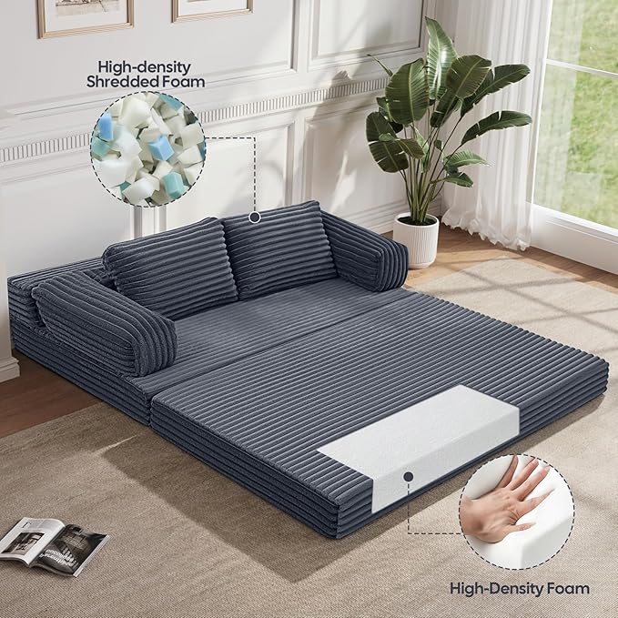 MeMoreCool Convertible Sofa Bed Folding Floor Couch Bed Queen Pull Out Sleeper Couch with Pillows Fold Out Futon Sofa for Bedroom Living Room Small Space Corduroy Grey