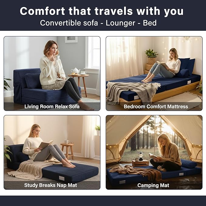 Tiita Folding Sofa Bed with Pillow Memory Foam Fold Out Chair Bed Single Size Convertible Chair Floor Couch &amp Sleeping Mattress Foldable Sleeper Sofa Bed for Guest Room Living Room Navy