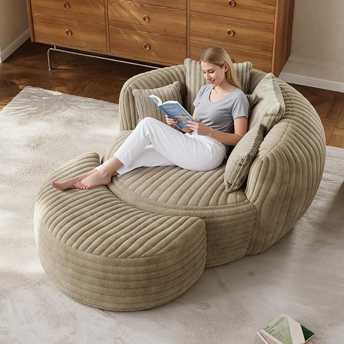 50 Oversized Chaise Lounge Indoor Round Reading Chair Lounge Chair with Ottoman Boneless Sofa Bed Large Fluffy Plush Corduroy Chaise Chair for Living Room Playroom Bedroom Camel