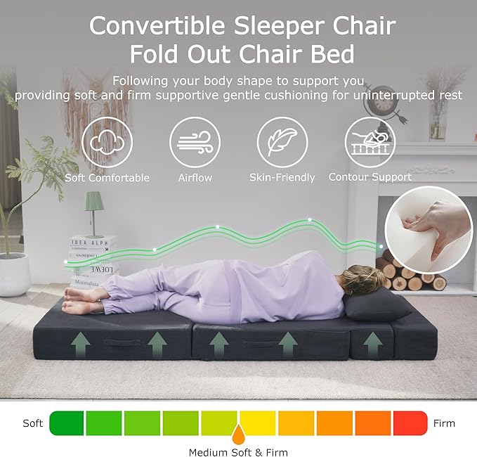 Folding Sofa Bed 4 in 1 Convertible Sleeper Chair with Pillow Twin Memory Foam Fold Out Chair Bed Modern Floor Futon Sofa Couch Mattress for Living Room/Guest/Apartment Dark Grey