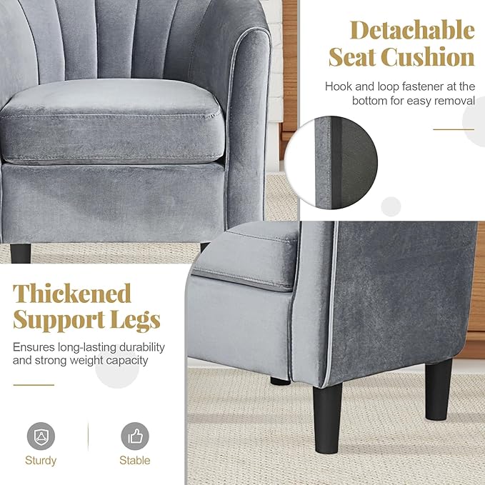 GOFLAME Accent Chair with Ottoman Modern Velvet Fabric Barrel Chair with Footrest Curved Backrest Removable Seat Cushion Upholstered Club Tub Sofa Reading Armchair for Living Room Bedroom Gray