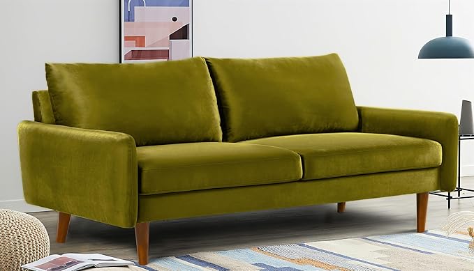 Kent Velvet Sofa for Modern Living Rooms and Compact Spaces Comfy 3 Seater Couch Studio Apartment Furniture with Sleek Design Olive Green