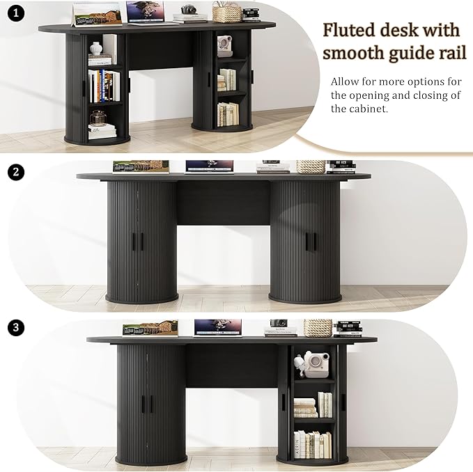 blini Executive Office Desk with Storage Fluted Wood Computer Desks with 2 Sliding Doors Mid Century Modern Oval Writing Table for Home Office Study Room Living Room