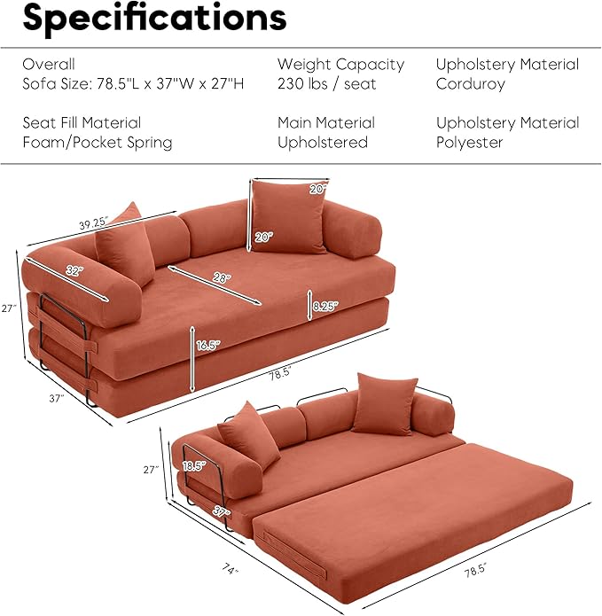 Convertible Sleeper Sofa Bed with Fixed-Shape Frame Floor Sofa Lounge Couch with Cylindrical Pillow Corduroy Folding Mattress Couch for Living Room Bedroom Burnt Orange