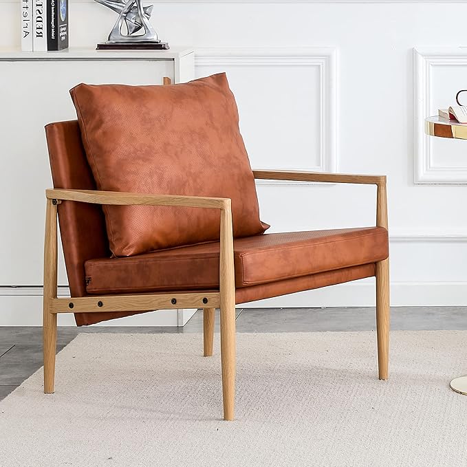 PU Leather Accent Arm Chair Mid Century Modern Upholstered Armchair with Imitation Solid Wood Color Metal Frame Extra-Thick Padded Backrest and Seat Cushion Sofa Chairs for Living Room