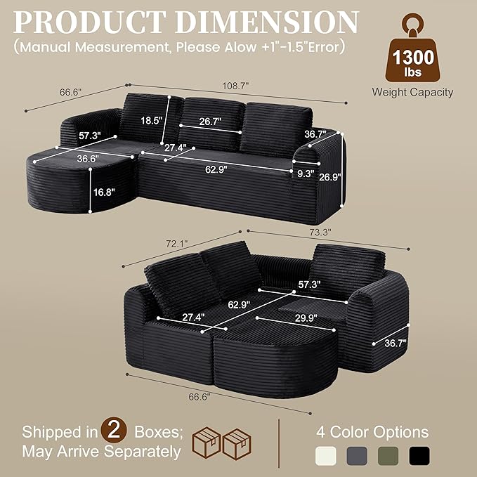 108” Modular Sectional Sofa Boneless Couches for Living Room Deep Seat L-Shape Cloud Couch with ChaiseComfy Sofa Freely Change Configurations No Assembly RequiredSoft Plush Corduroy Fabric(Black)