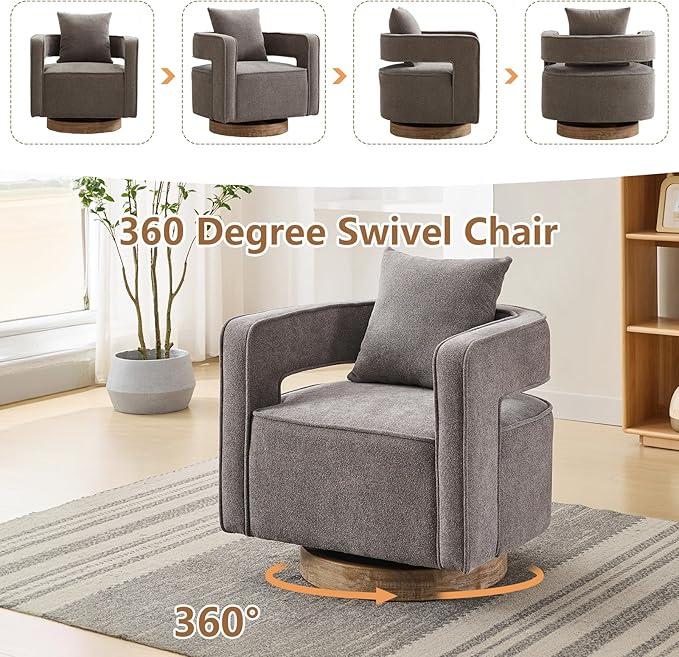 Swivel Accent Chairs Set of 2 Upholstered 360° Round Barrel Arm Chair with Open Back &amp Wood Base Comfy Linen Blend Square Single Club Chair for Living Room Bedroom Office Hotel Reception (Charco