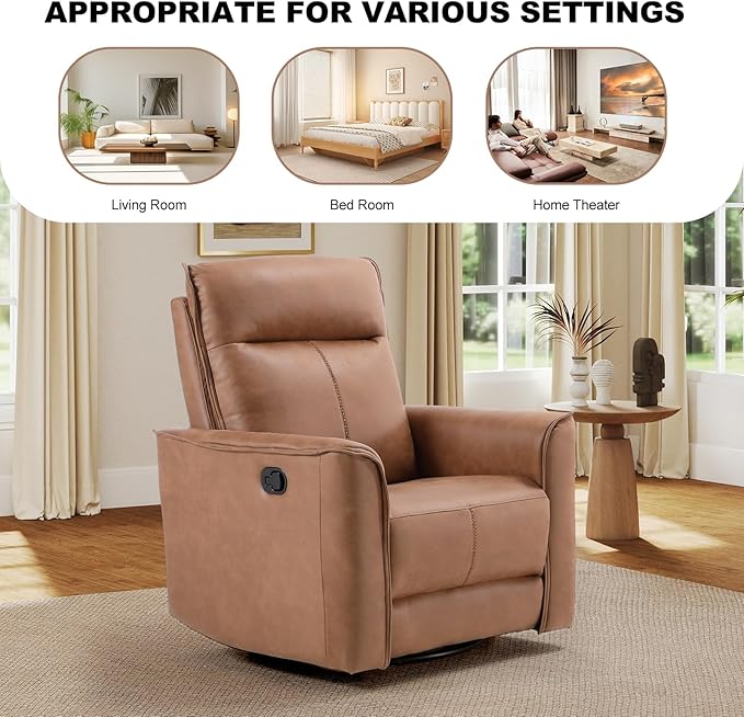 EBELLO Swivel Rocker Glider Chair Nursing Swivel Glider Rocking Recliners with Overstuffed Backrest Faux Leather Manual Reclining Sofa for Living Room Bedroom Apartment Brown