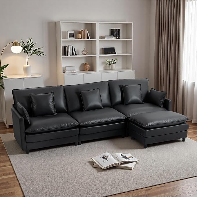 L Shaped Cloud Sofa 4-Seater Modular Couch with Double Layer Upholstered Seat Cushion PU Sleeper Sofa with Ottoman &amp Pillows Comfort Couches for Living Room Bedrooms &amp Apartments Black